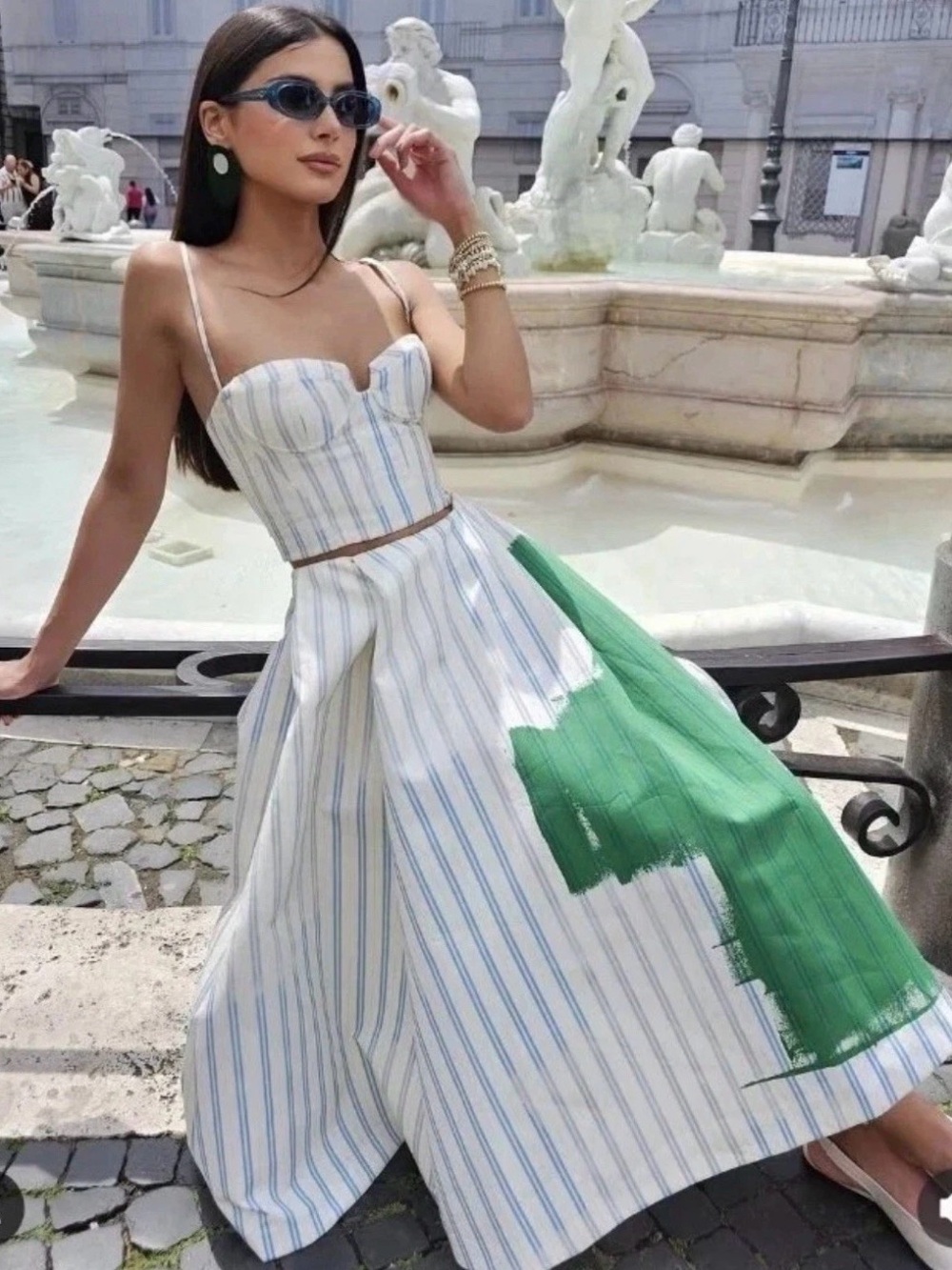 Zara Striped Midi ZW Collection Skirt with Green Paint Detail (Small)
